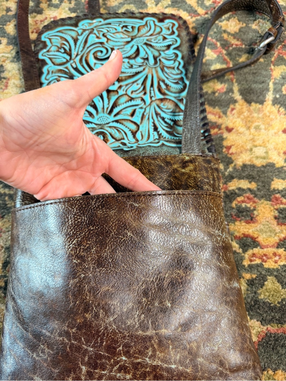 Hand-Tooled Floral Leather Patricia Nash Crossbody Bag in Turquoise and Brown - Picture 5 of 5